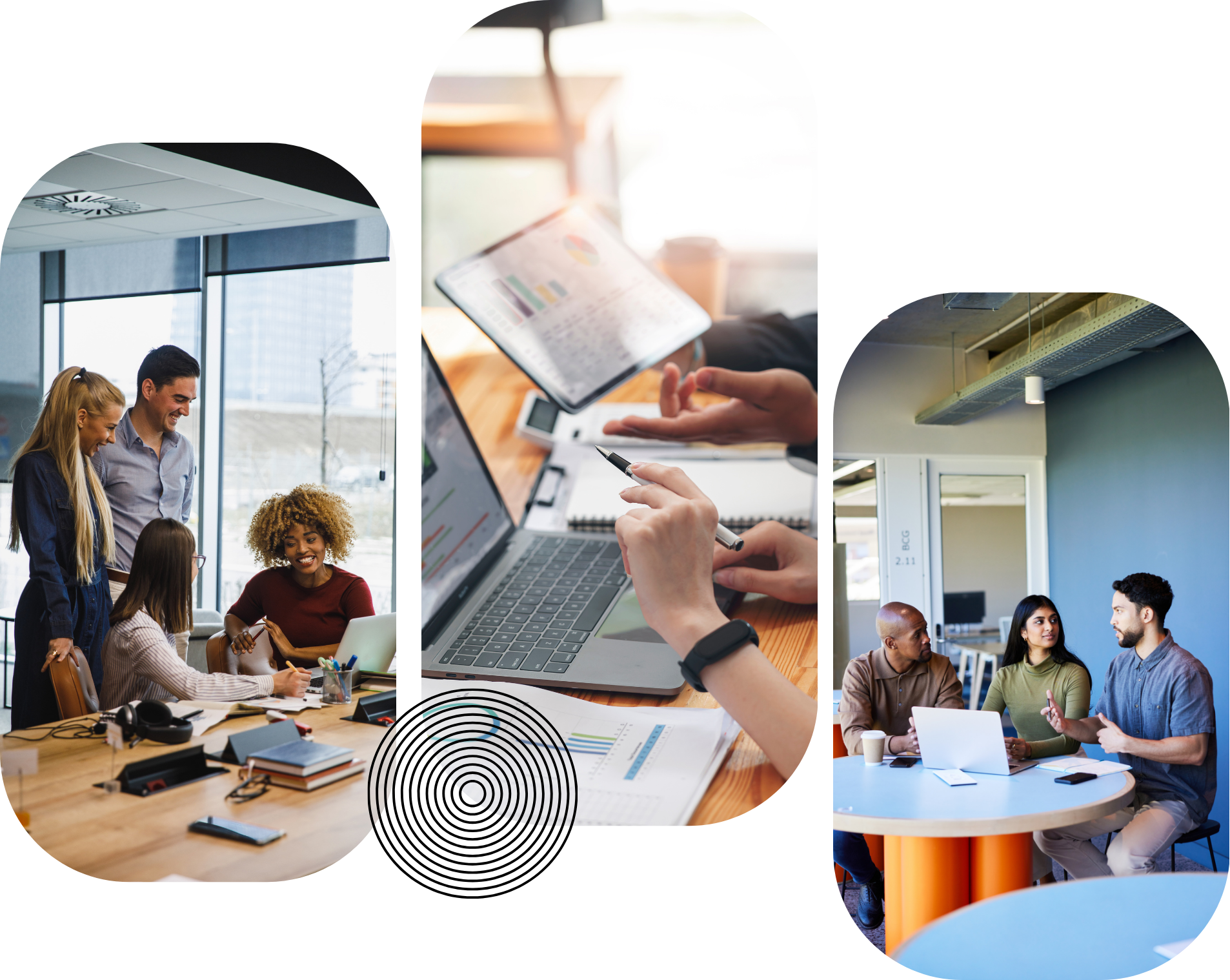 A three panel image showing office scenes