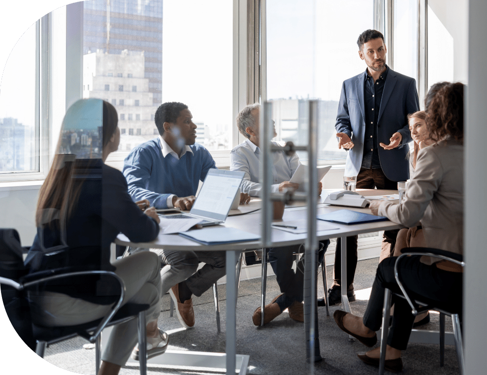 A meeting with six coworkers 
