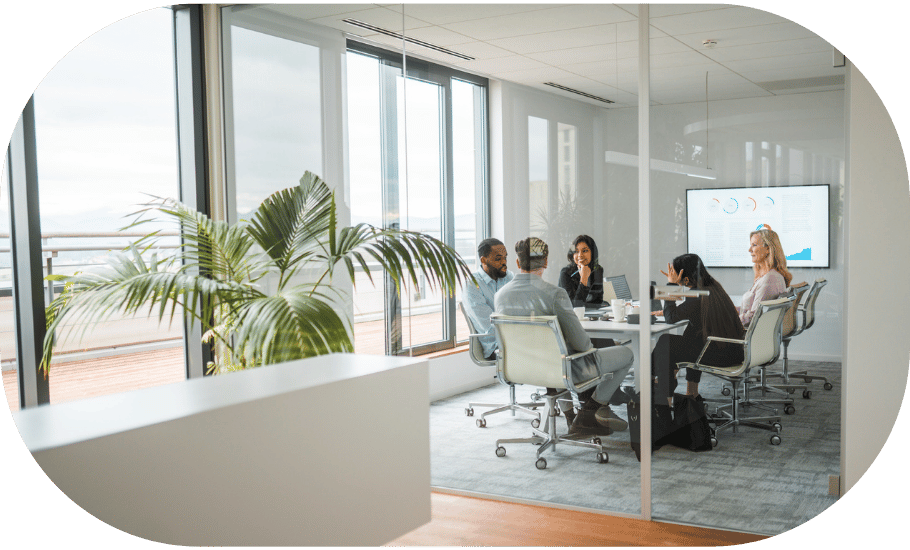 Distant shot of a five person meeting