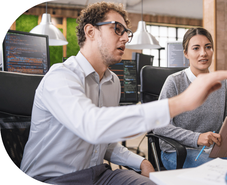 Two professionals discussing a coding project