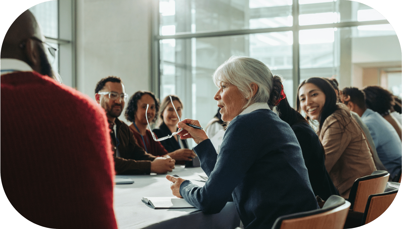Large group having a business meeting